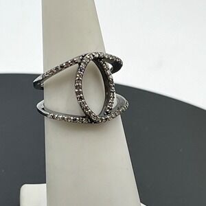 Sterling Silver Interlocking Oxidized Pave Set Dark Metal Diamond Ring Sz 6.5